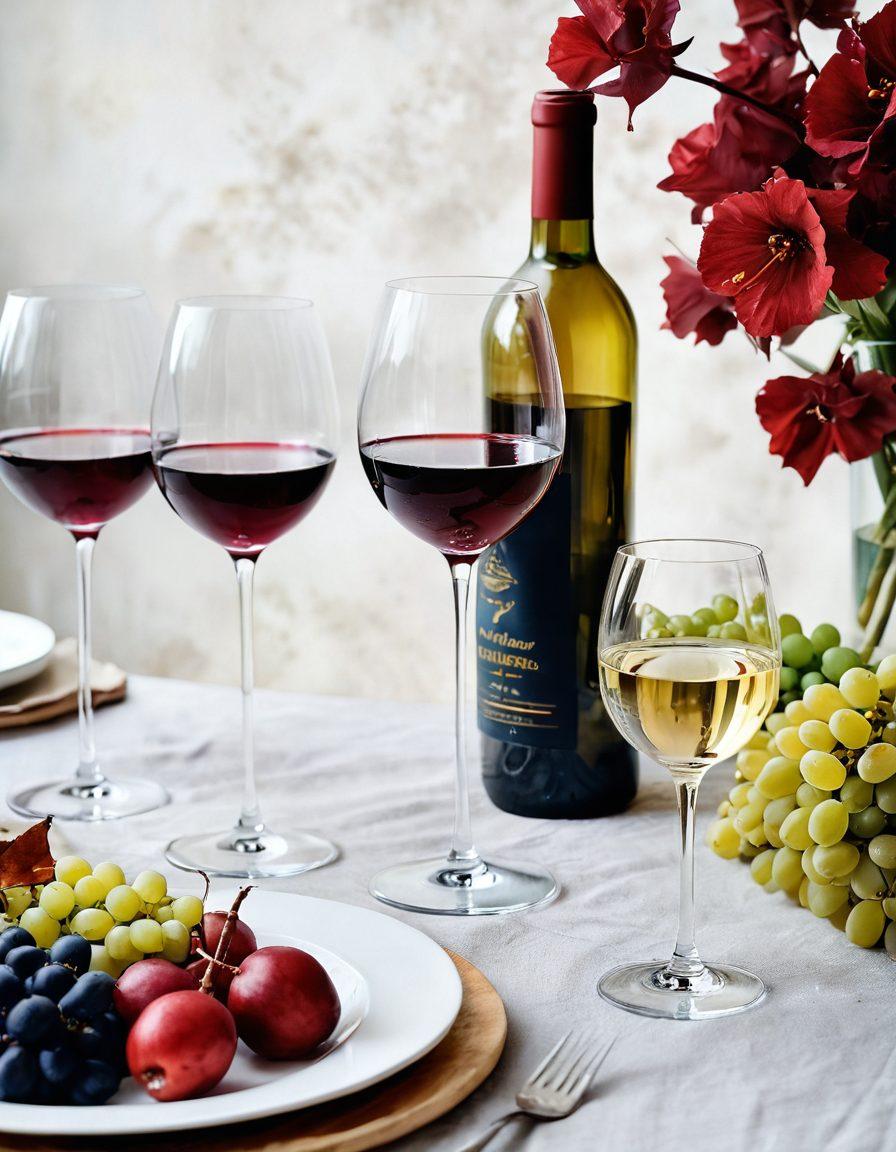 A beautifully arranged table setting with crimson and snow-white wine glasses, showcasing a vibrant red wine transitioning into a crisp white. Include a backdrop of friends engaged in lively conversation, exuding warmth and connection. Soft, ambient lighting sets a cozy atmosphere. Elements like a cheese platter and flowers enhance the social vibe. watercolor illustration. warm tones. soft focus.