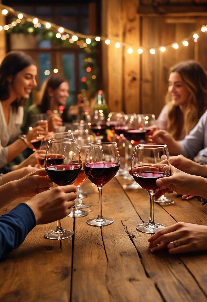 A vibrant scene of a college gathering with friends enjoying a wine tasting party, showcasing elegantly arranged wine glasses filled with a variety of wines on a rustic wooden table. Background includes playful fairy lights and decorations, with students laughing and socializing, holding their glasses high in toasts. Capture the essence of connection and celebration with an inviting atmosphere. super-realistic. vibrant colors. warm lighting.