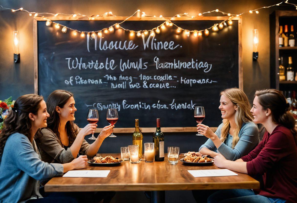 A cozy college bar scene with a couple toasting with wine glasses, surrounded by friends enjoying happy hour. The backdrop features warm fairy lights and a chalkboard menu of unique wines. Emphasize the joyful expressions and connection between the couple, with colorful wine bottles on the table and snacks nearby. Include elements of laughter and affection in the atmosphere. vibrant colors. super-realistic.